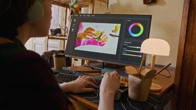 Handheld shot of young freelance female graphic designer in wireless headphones eating french fries while editing photo on desktop computer at home
