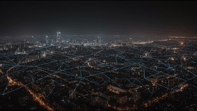 Smart Innovation city with connection cyber security network reciprocity over the night cityscape future wireless digital city and social media networking systems that connects people in the city