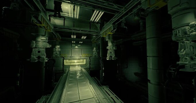 empty transit corridor leading to void beyond, mapping drone scanning tiles and puddles, peeling paint and graffiti, stale air and distant hum, ruins evoke slow