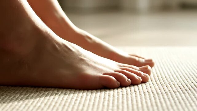 Bare human feet standing on a soft textured carpet in a bright sunlit room for comfort and cozy home lifestyle concept with warm morning light