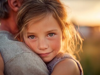 Fototapeta premium Child embracing parent over shoulder, showing bonding and security at golden hour