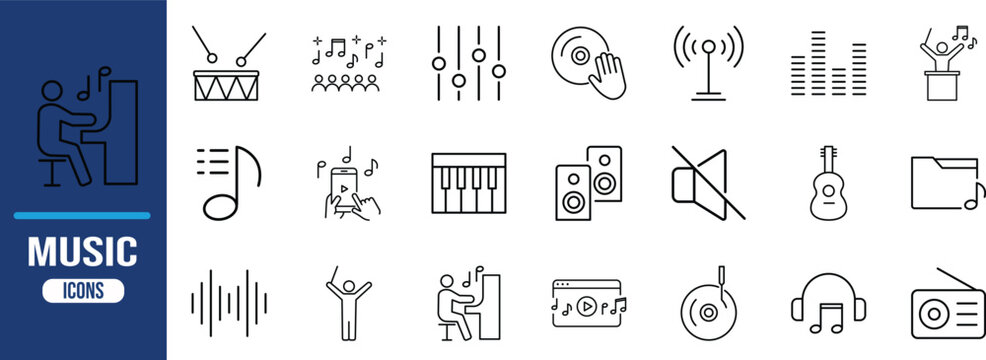 Simple music and audio line icons. musical note icon set, headphones icon set, guitar icon set
