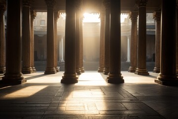 Fototapeta premium Rows of classical columns standing in an ancient building, with sunlight creating strong shadows