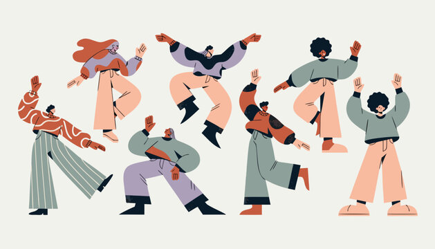 Diverse people dancing with joy and freedom in a flat illustration style on a neutral background