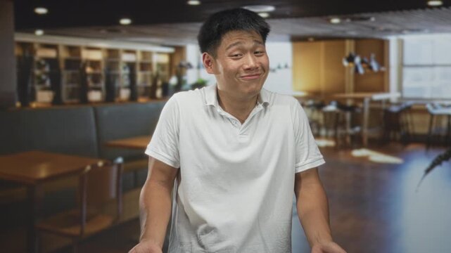 Man shrugging shoulders in a building cafe interior with tables and chairs, blurred bar shelves, wearing white polo shirt; uncertainty.