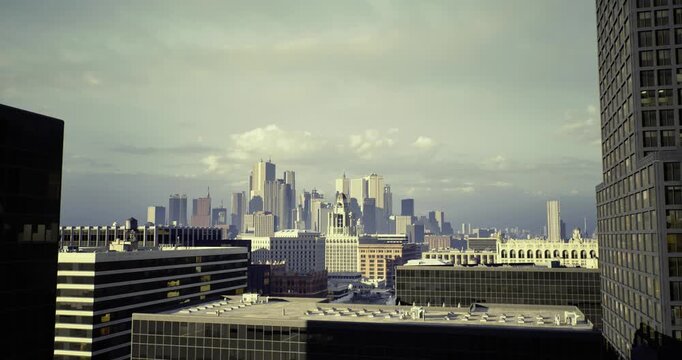industrial rooftop perspective with distant skyline and storage facilities, logistics role implied by crates and service structures, muted palette and layered