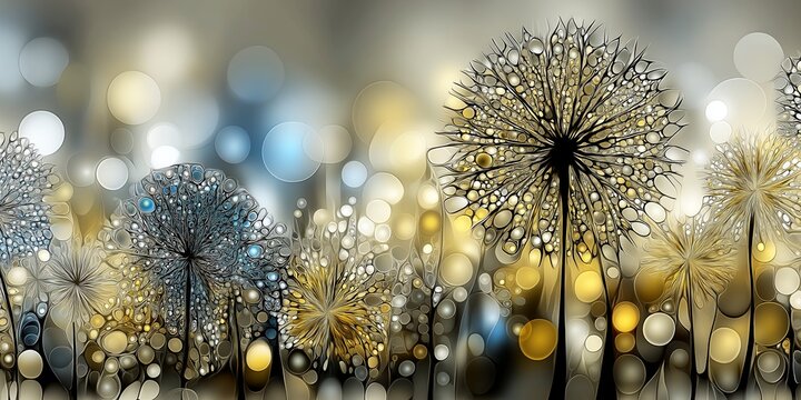 AI-generated macro illustration of fantasy flora with beautiful fill patterns, in gold, orange, black, blue and white