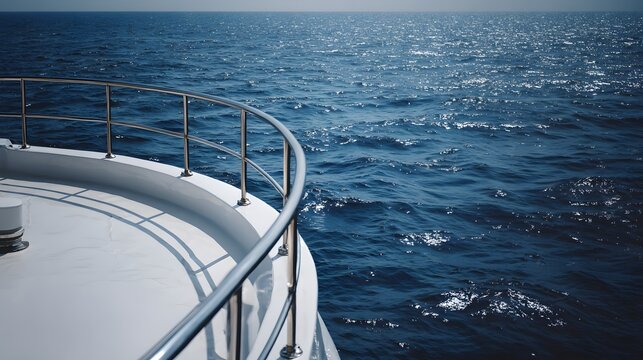 Curved yacht deck railing overlooking deep blue ocean water.