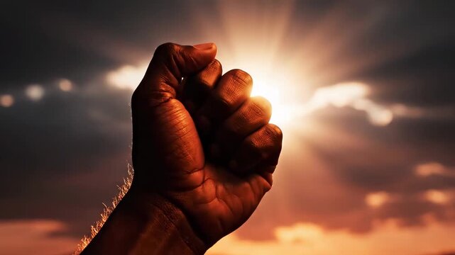 Close up of a man's hand clenching into a strong fist against a bright golden sun at sunset for empowerment and motivation concept representing resilience and hope in slow motion