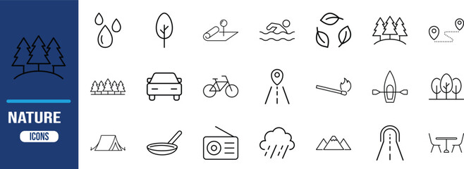 Nature and outdoor activity line icons. trees icon set, car icon set, tent icon set © Ayub