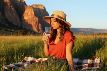 Obraz premium Young woman in straw hat enjoys wine at sunset picnic in grassy field. Golden hour light on rocky mountains background. Relaxing summer outdoor leisure activity with beverage.