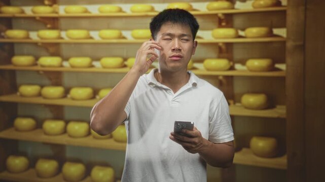Man holding smartphone and touching ear amid stacked yellow cheese wheels on wooden shelves inside a storage building; curiosity.