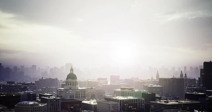 soft morning haze around domed landmark and surrounding towers, muted tonal range with gentle backlight and layered depth, versatile image for editorial,