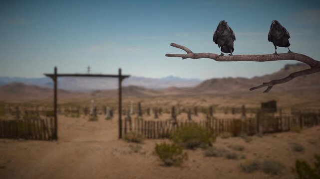 Two Ravens perched on a branch outside a cemetery