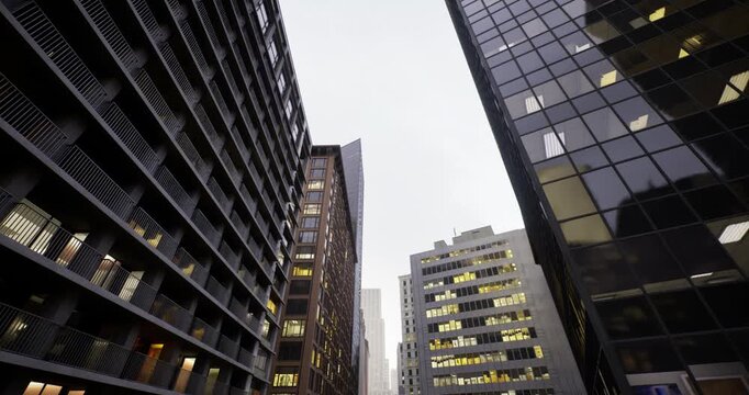 overcast skyline showing layered facades and patterned windows, architect inspection mood, detailed textures of stone and mirrored glass, evening lights adding