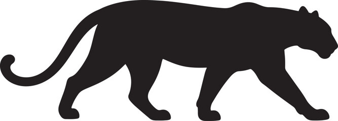 Silhouette of a black panther walking with a long tail, captured in a dynamic side profile against a clean white background, symbolizing power and stealth also transparent background © PixelSaga MH2 