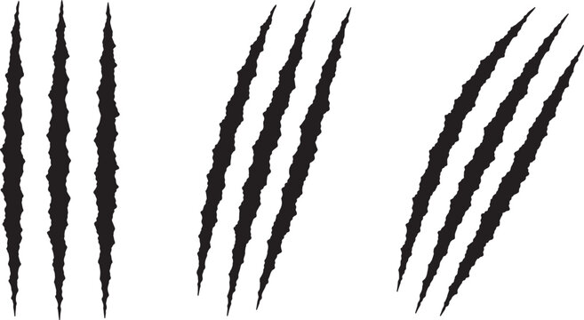 Three sets of sharp, jagged claw marks rendered in black on a white background, suggesting a wild animal attack or a powerful, destructive force also transparent background