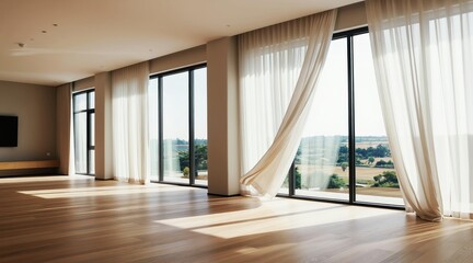 Fototapeta premium Spacious minimalist room with large windows and light sheer curtains. Sunlight streams onto the polished wooden floor creating beautiful shadows. Open view of green landscape outside.