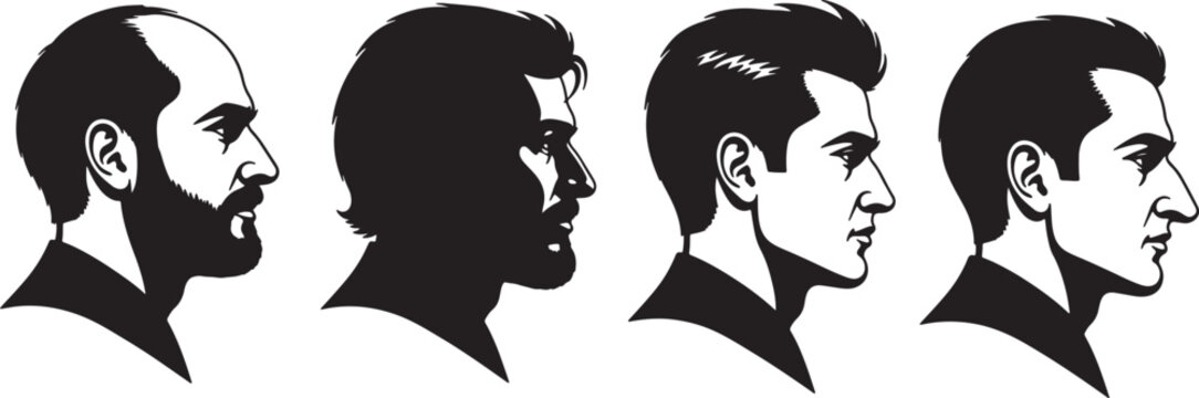 Black and white silhouette portraits of four men, featuring distinct facial hair styles from clean-shaven to full beard, highlighting male grooming and appearance also transparent background
