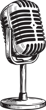 Vintage retro microphone with a classic stand, rendered in a detailed black and white style, evoking a sense of nostalgia for old-school broadcasting and musical also transparent background