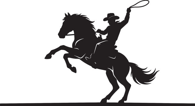 Dynamic black silhouette of a cowboy on a rearing horse, lasso in hand, capturing the spirit of the wild west, rodeo, and adventure in a striking also transparent background