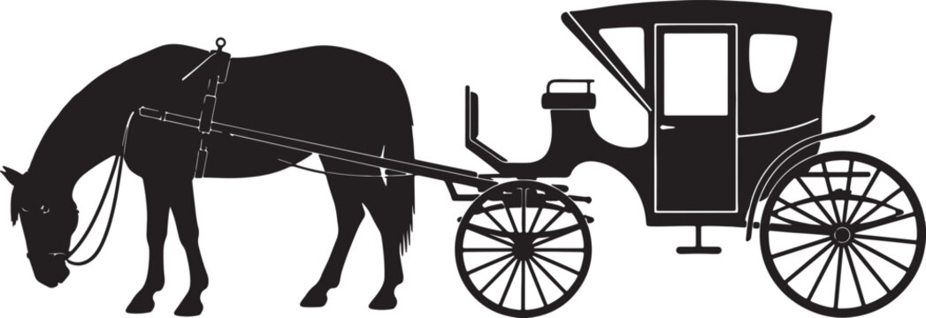 Silhouette of a horse pulling a vintage carriage with intricate wheel details, evoking historical transportation and a bygone era of travel also transparent background