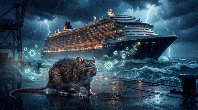 hantavirus outbreak at sea, infected rat and cruise ship concept. cinematic rat disease spread scene, maritime virus outbreak illustration