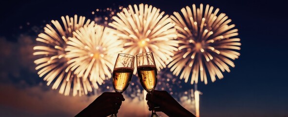 Obraz premium Hands hold champagne glasses clinking against dark sky with golden fireworks. Celebration of New Year or other holiday event with sparkling lights and bubbly drinks.
