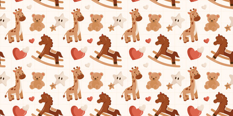 A cute children's seamless pattern featuring hand-drawn giraffes, bears, and rocking horses on a grid background. Ideal for nursery wallpaper, baby textiles, and fabric design.