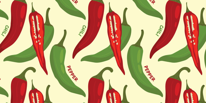 A modern seamless pattern of red and green hot chili peppers with "Chili" and "Pepper" text elements.
