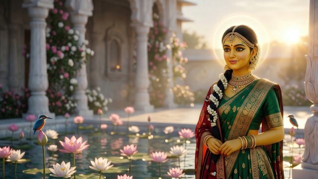 Princess Sita In Royal Garden &ndash; Divine Mithila Portrait