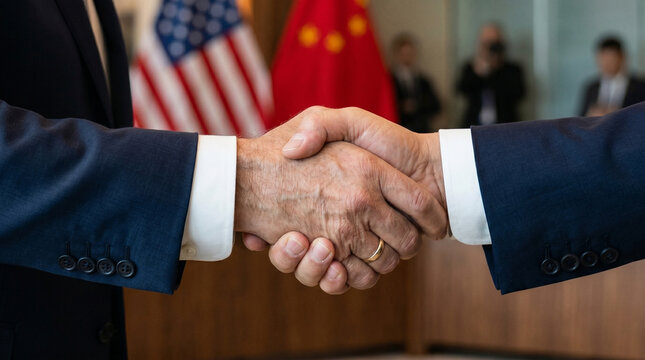 Two men shaking hands in front of flags of USA and China. Diplomatic pact between nations during summit. Political meeting and formal agreement of government representatives for global peace.