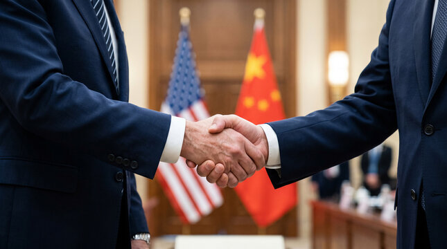 Two men shaking hands before flags of USA and China. Diplomatic meeting between government representatives to establish international agreement, partnership, political peace and cooperation.
