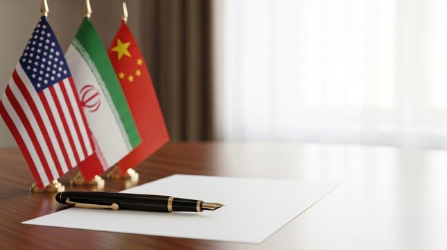 Flags of USA, Iran and China standing on a table next to a blank document with a fountain pen. Concept of international diplomacy, global politics, peace treaty and negotiation.