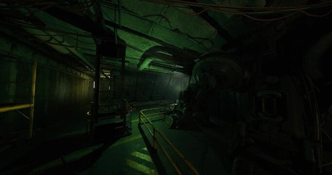 subway service tunnel with heavy machinery and narrow platforms, transit maintenance scenario suggested, dark green illumination, hanging cables and flange