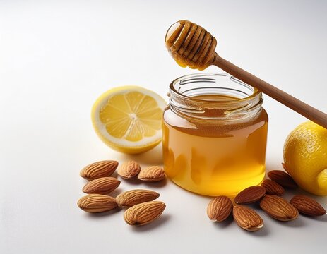 creamed honey jar with lemon almonds and honey dipper on a white surface