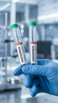 Medical professional in a blue glove holding two test tubes labeled Hantavirus positive and negative in a modern laboratory. Clinical research and diagnostic testing for infection concept.