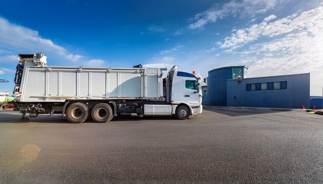 white garbage truck is parked on an asphalt lot during daytime featuring its hydraulic compaction mechanism other trucks and industrial structures are visible under a cloudy blue sky