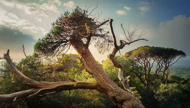 a tree with a broken branch is surrounded by other trees