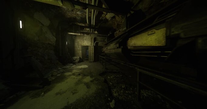 shadowy underground service bay with loading rails and stacked storage, low light revealing worn platform and scattered barrels industrial loading atmosphere