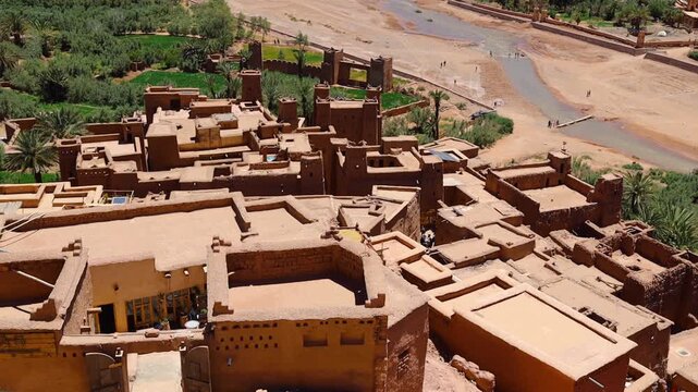 Aerial view of Ait Benhaddou old casbah, Unesco heritage site in Morocco
