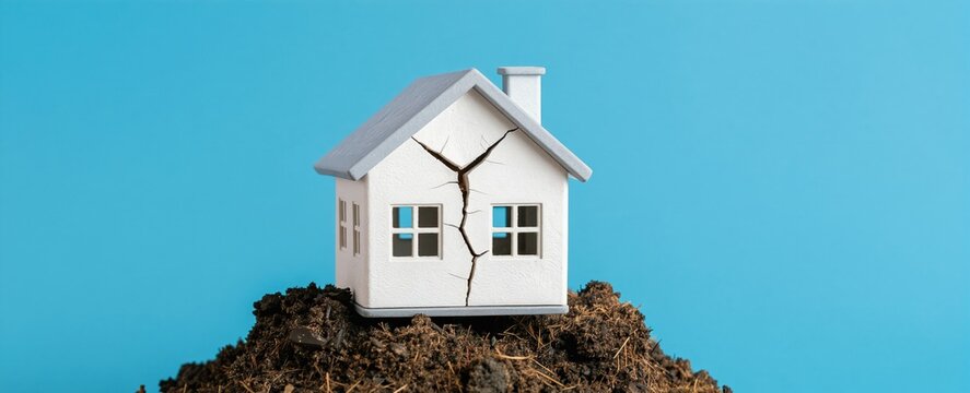 Cracked house model sits on soil mound with blue backdrop. Symbolizes home structural issues, property damage, or repair needs. Represents instability, risk, and maintenance challenges.