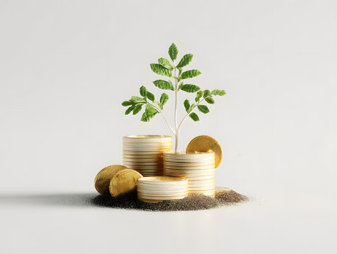 積み上げられた金貨から成長する小さな植物、投資の成功と資産形成のコンセプト、3Dレンダリング