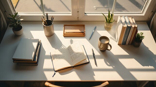 workspace with books notebook pencils and coffee on white desk by window