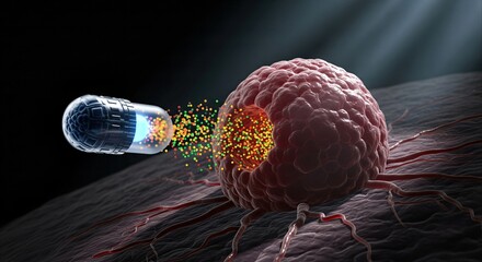 Fototapeta na wymiar Nanotechnology capsule releases targeted particles into a diseased cell, representing advanced cancer treatment and medical innovation