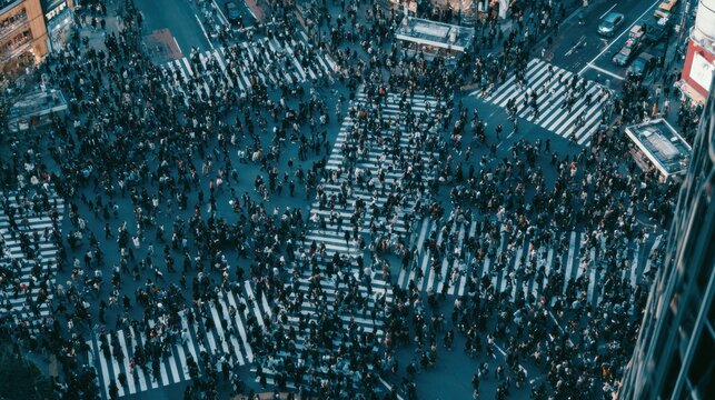 Many small figures move through a busy city intersection under cool daylight, captured from above, highlighting the scale of the urban environment.