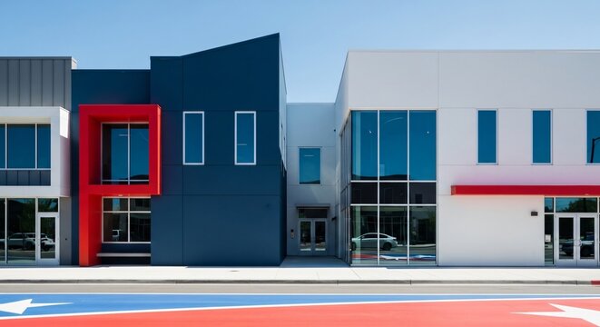 B&acirc;timent moderne aux couleurs patriotiques bleu blanc rouge avec motif de drapeau am&eacute;ricain au sol, architecture urbaine minimaliste pour la Journ&eacute;e du Souvenir et les v&eacute;t&eacute;rans.