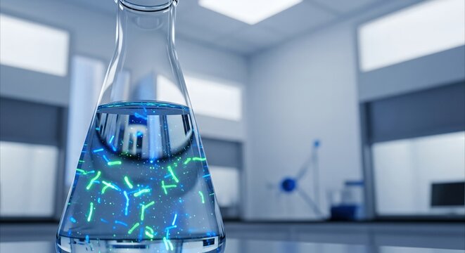 Glowing Bacteria in Scientific Flask for Toxin Detection and Research in Modern Laboratory