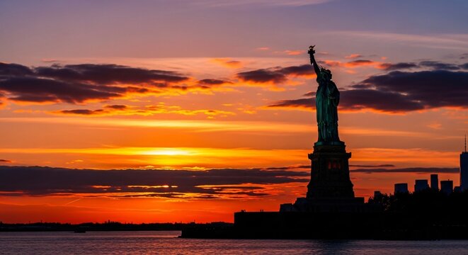 Silhouette de la Statue de la Libert&eacute; au coucher du soleil, symbole de libert&eacute; et paix pour la Journ&eacute;e du Souvenir, horizon de New York sous un ciel flamboyant, patriotisme.