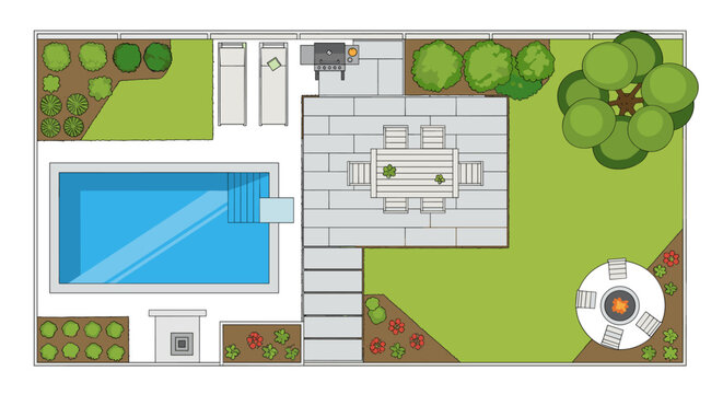 Luxury backyard with swimming pool, outdoor dining area, grill, lounge chairs, and fire pit.
